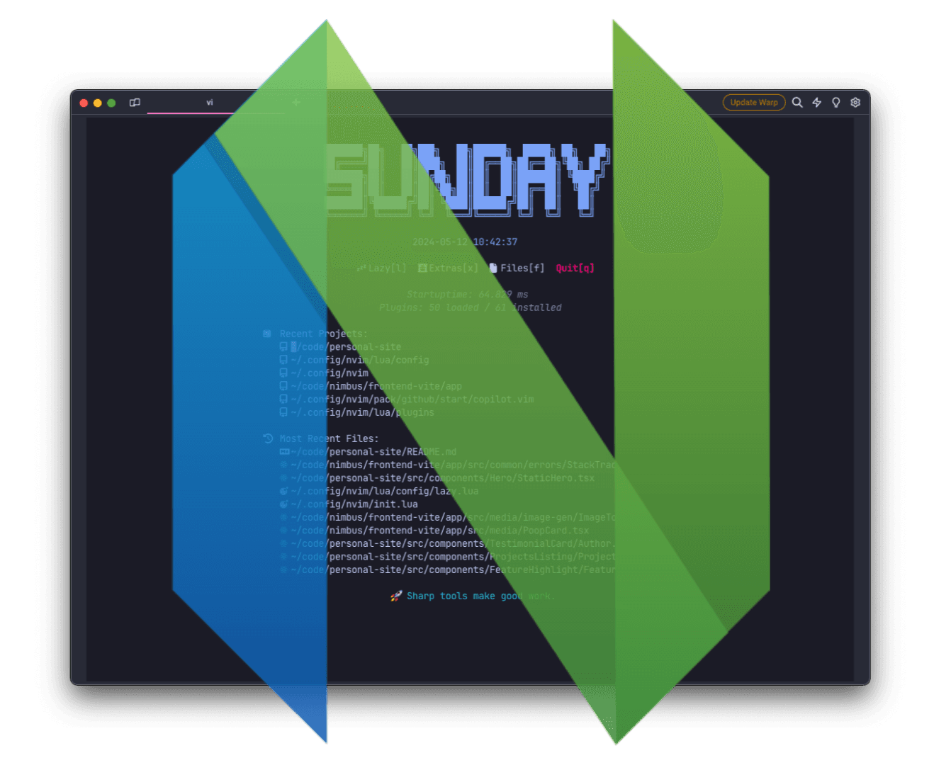 neovim logo floating over a terminal window showing neovim