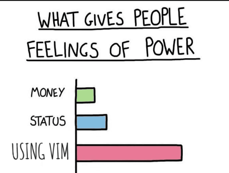 A bar graph of "What gives people feelings of power" with money, then status, and the biggest being "using vim"